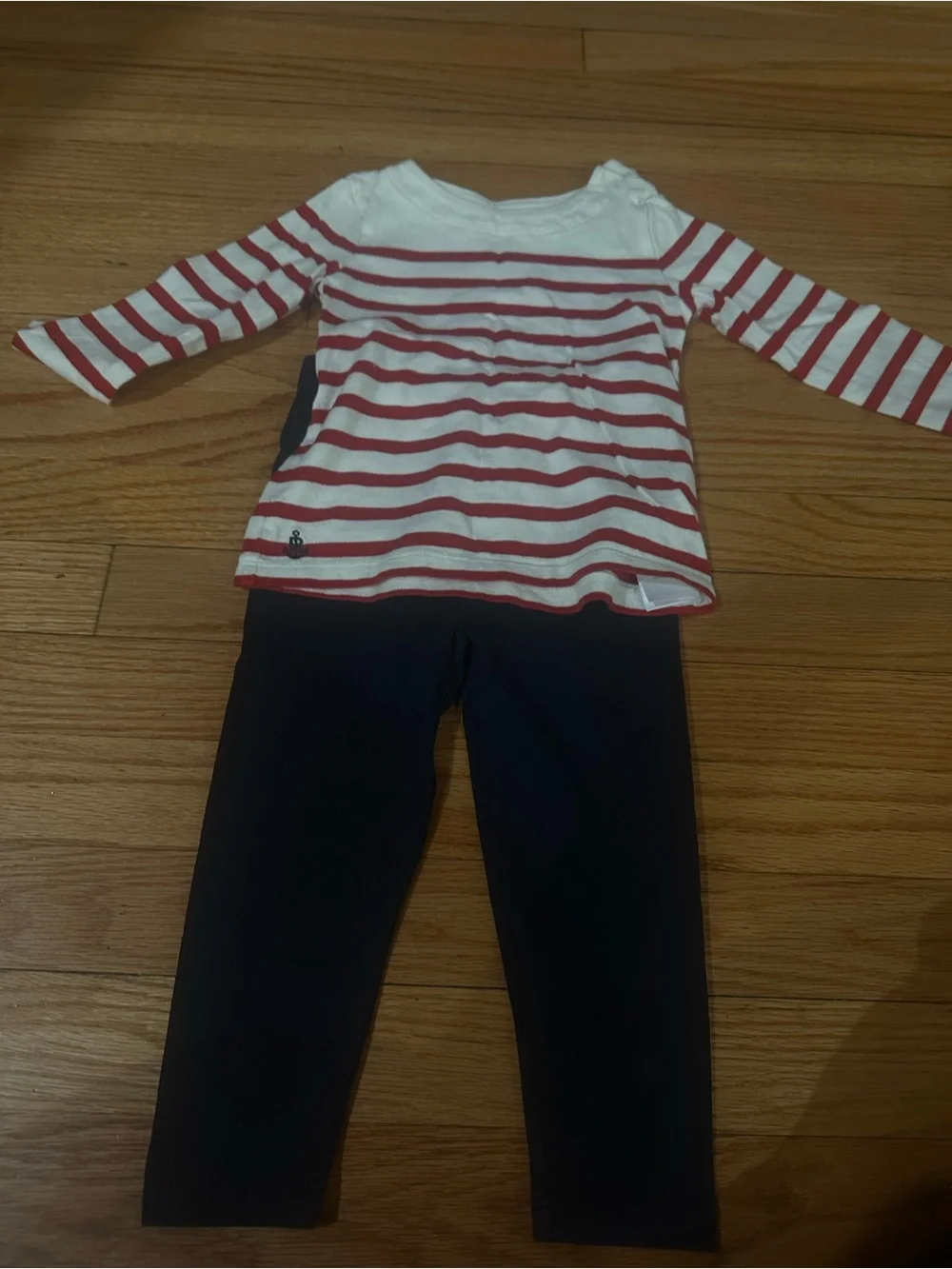 Red & White Striped Long Sleeve Top with Navy Leggings